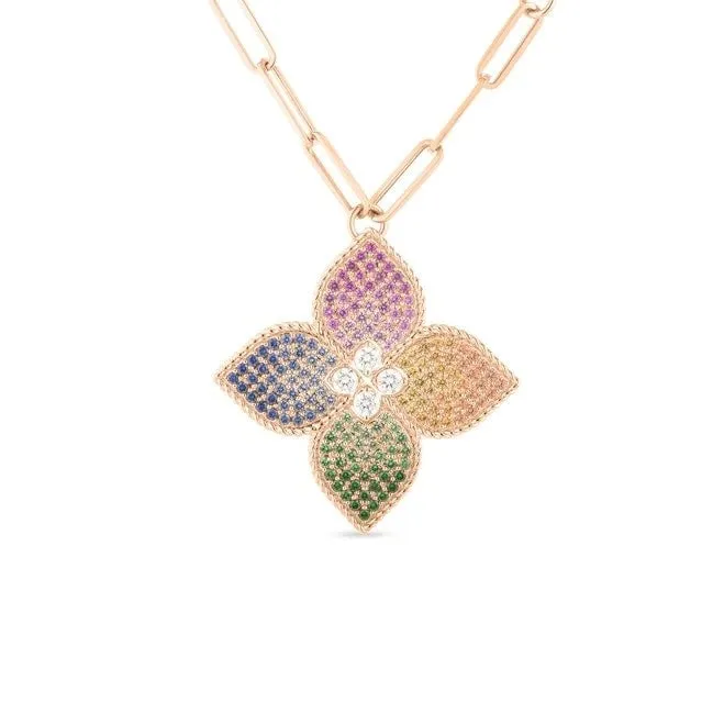 18K ROSE GOLD VENETIAN PRINCESS DIAMOND & MIXED SAPPHIRE FLOWER LONG NECKLACE