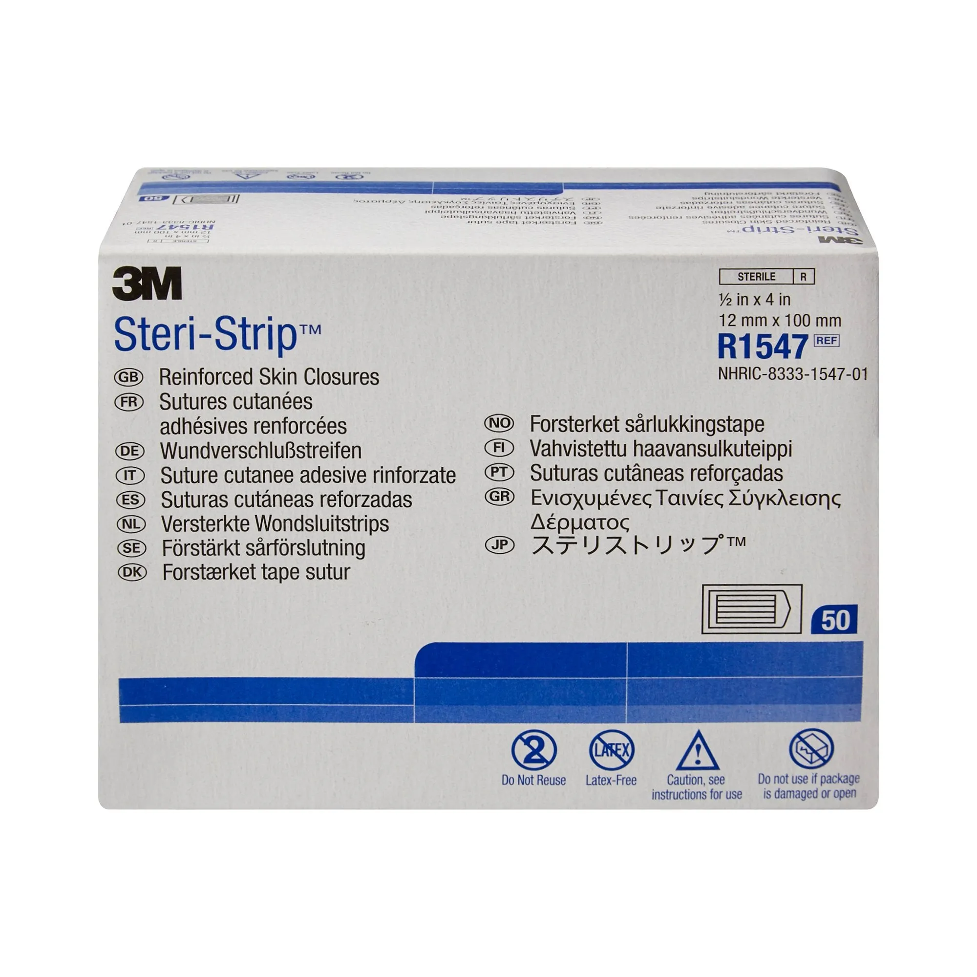 3M Steri-Strip Skin Closure Strips, Non-Woven, 1/2 inch X 4 inch, Reinforced Strip, White, 1 Box of 50