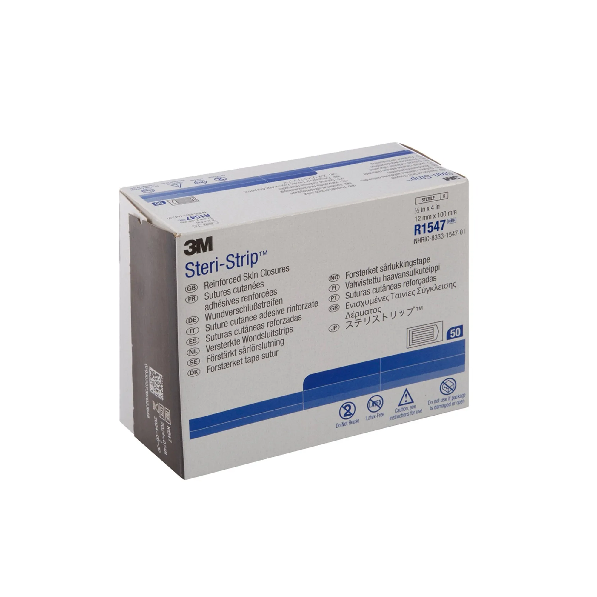 3M Steri-Strip Skin Closure Strips, Non-Woven, 1/2 inch X 4 inch, Reinforced Strip, White, 1 Box of 50
