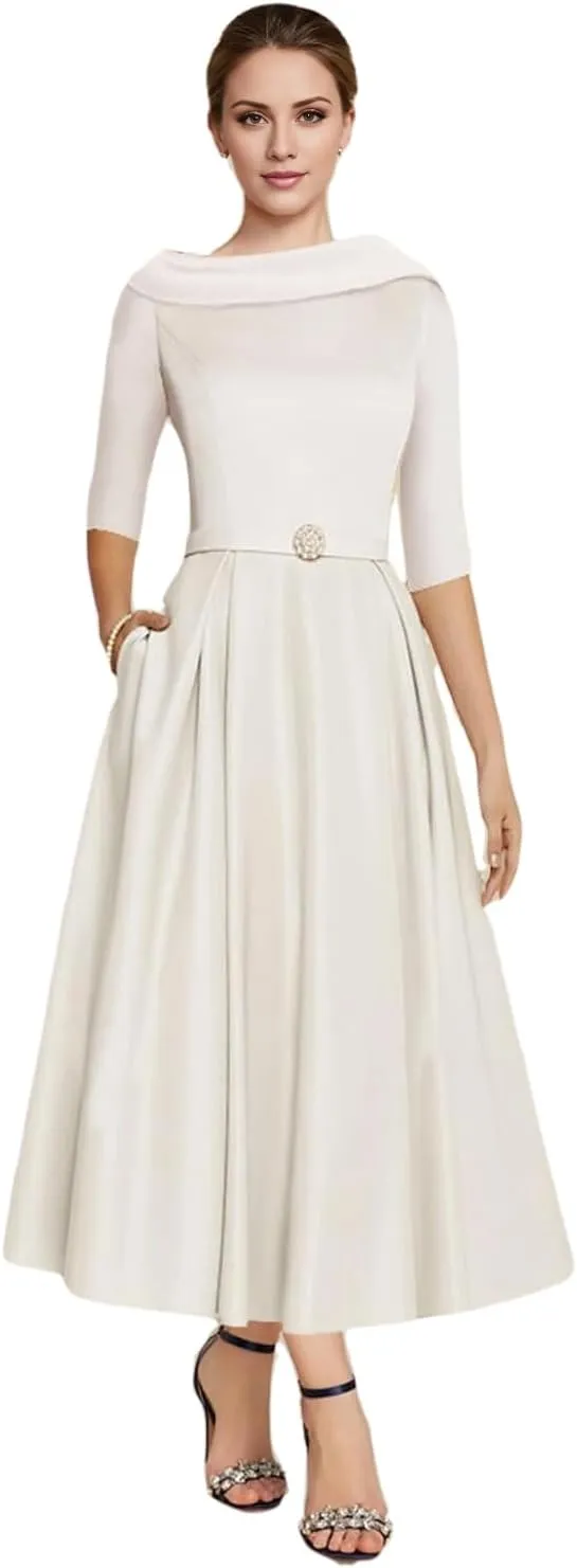 A-line Elegant Mother of The Bride Dress Half Sleeve Ankle-Length Satin Wedding Guest Dress Evening Gown Ruched 2025