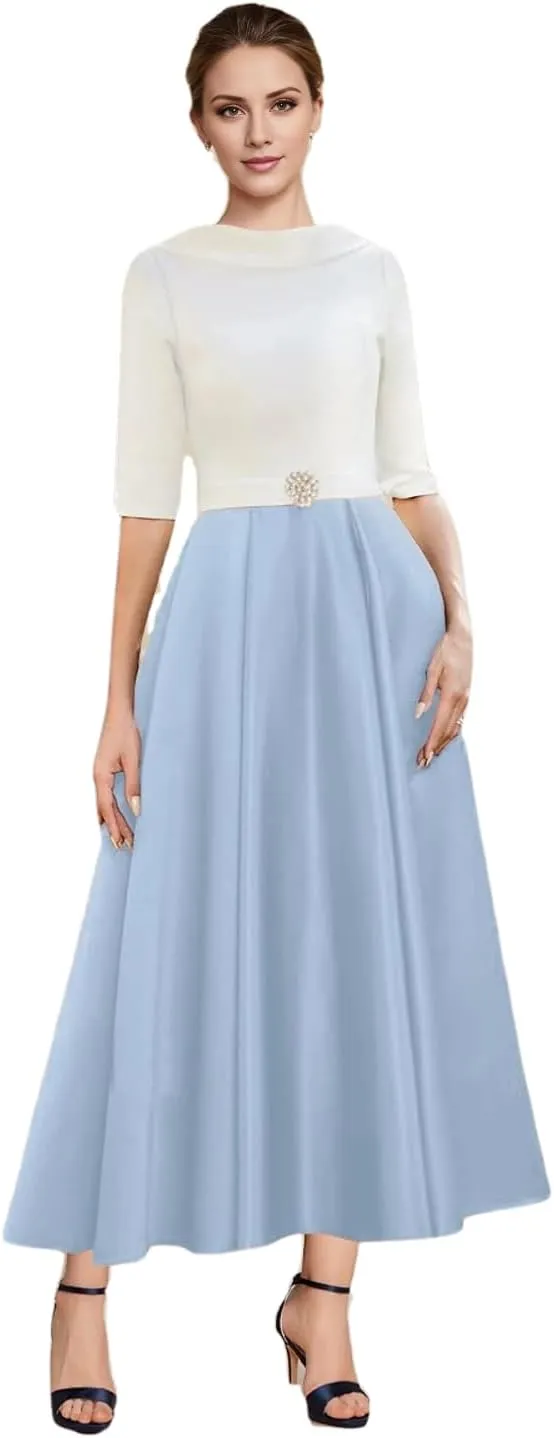 A-line Elegant Mother of The Bride Dress Half Sleeve Ankle-Length Satin Wedding Guest Dress Evening Gown Ruched 2025