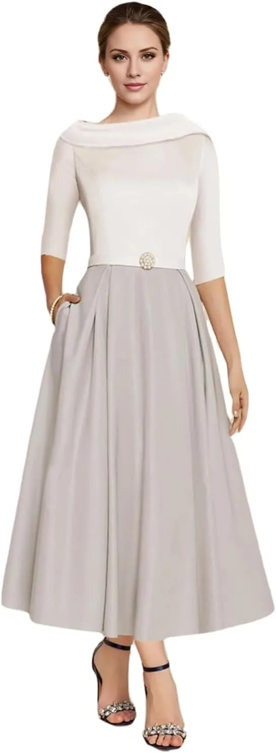 A-line Elegant Mother of The Bride Dress Half Sleeve Ankle-Length Satin Wedding Guest Dress Evening Gown Ruched 2025