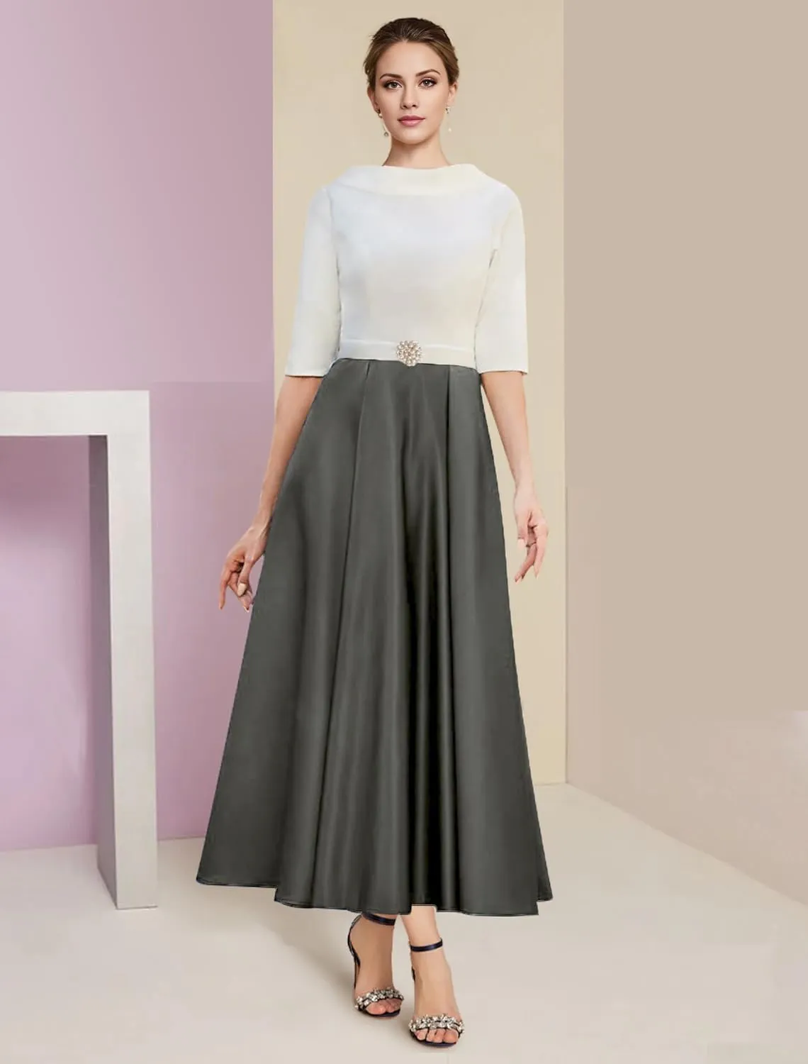 A-line Elegant Mother of The Bride Dress Half Sleeve Ankle-Length Satin Wedding Guest Dress Evening Gown Ruched 2025