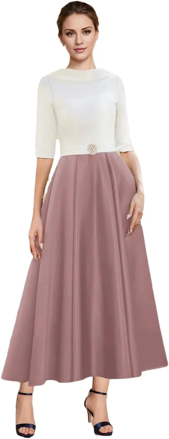 A-line Elegant Mother of The Bride Dress Half Sleeve Ankle-Length Satin Wedding Guest Dress Evening Gown Ruched 2025