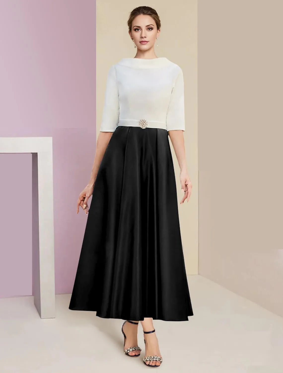 A-line Elegant Mother of The Bride Dress Half Sleeve Ankle-Length Satin Wedding Guest Dress Evening Gown Ruched 2025