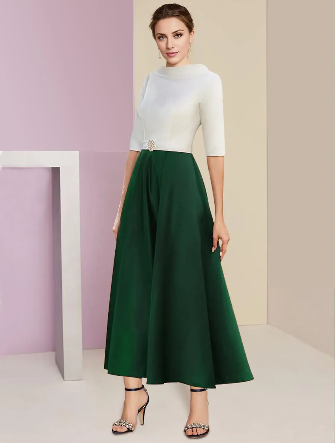 A-line Elegant Mother of The Bride Dress Half Sleeve Ankle-Length Satin Wedding Guest Dress Evening Gown Ruched 2025