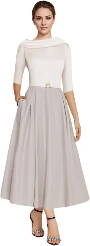 A-line Elegant Mother of The Bride Dress Half Sleeve Ankle-Length Satin Wedding Guest Dress Evening Gown Ruched 2025