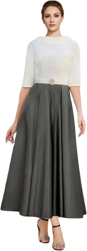 A-line Elegant Mother of The Bride Dress Half Sleeve Ankle-Length Satin Wedding Guest Dress Evening Gown Ruched 2025
