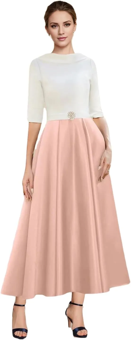 A-line Elegant Mother of The Bride Dress Half Sleeve Ankle-Length Satin Wedding Guest Dress Evening Gown Ruched 2025
