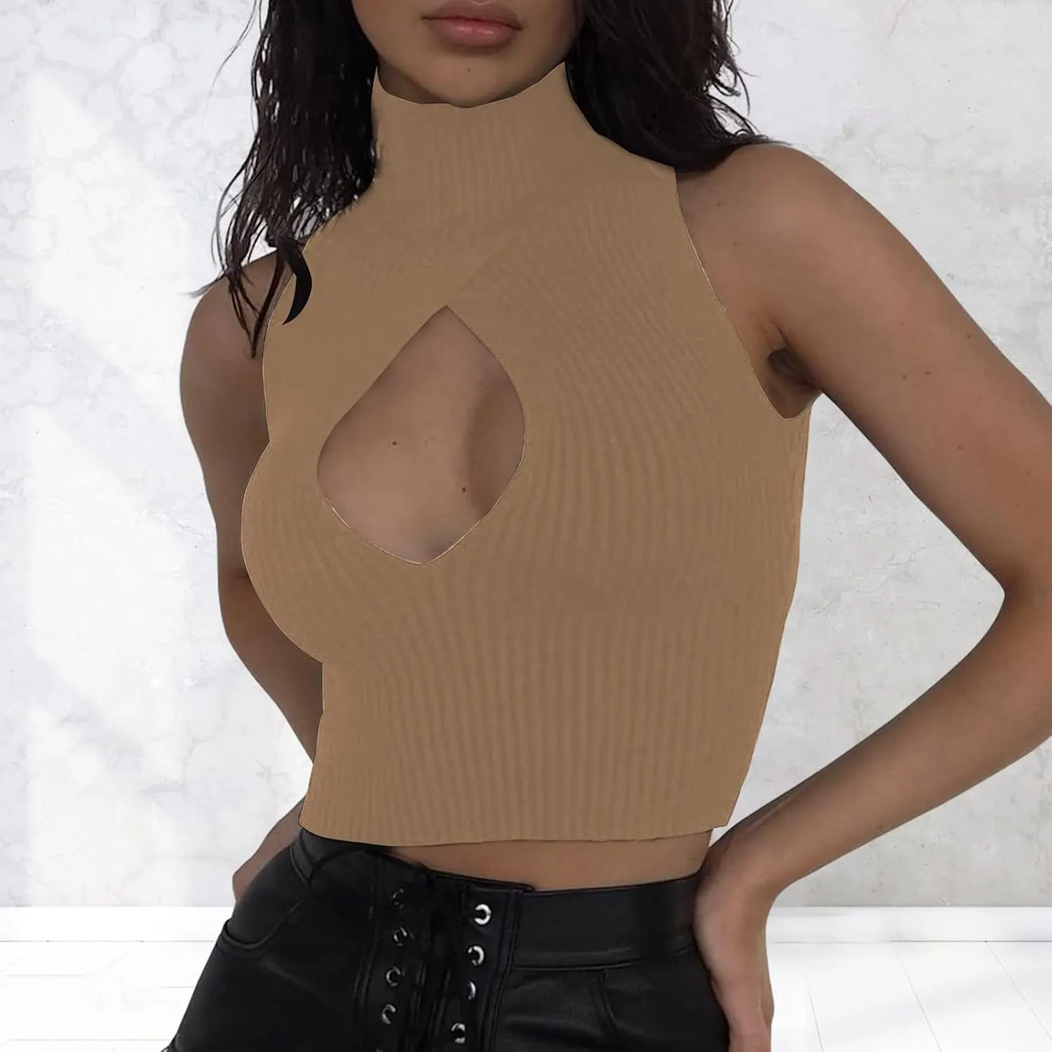 ACOSAP Women's Sleeveless Mock Neck Crop Top Sexy Cutout Turtleneck Slim Fit Rib Knit Tank Tops
