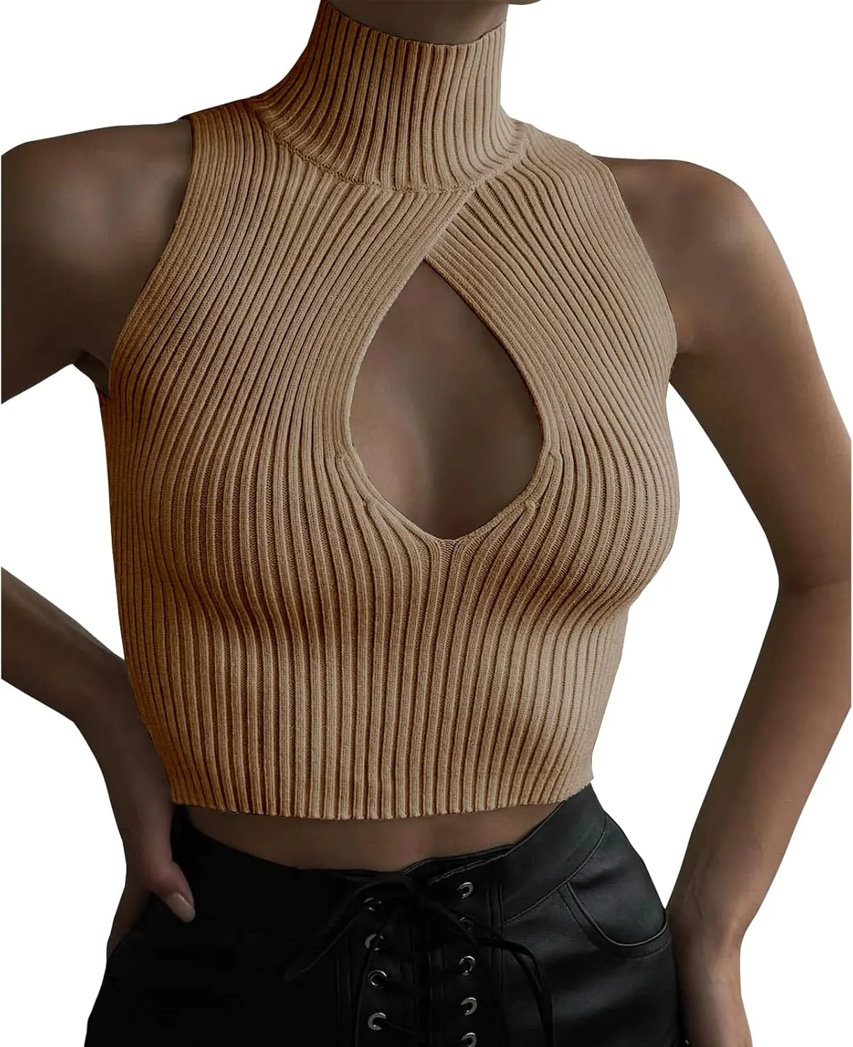 ACOSAP Women's Sleeveless Mock Neck Crop Top Sexy Cutout Turtleneck Slim Fit Rib Knit Tank Tops