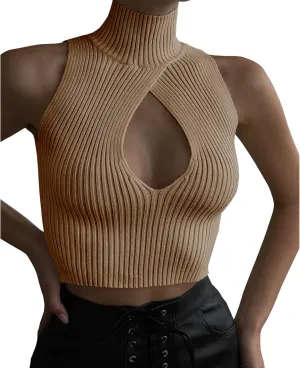 ACOSAP Women's Sleeveless Mock Neck Crop Top Sexy Cutout Turtleneck Slim Fit Rib Knit Tank Tops