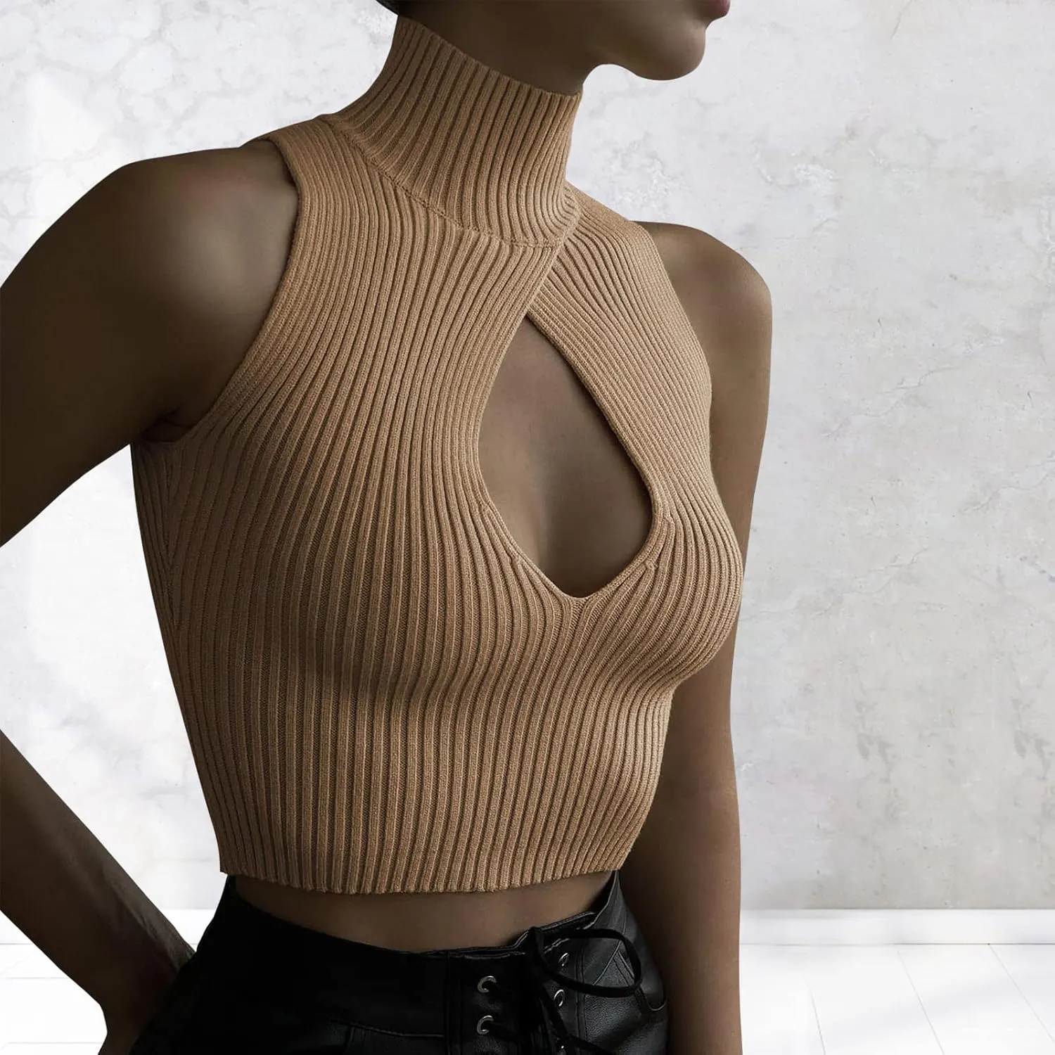 ACOSAP Women's Sleeveless Mock Neck Crop Top Sexy Cutout Turtleneck Slim Fit Rib Knit Tank Tops