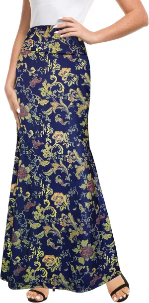 Afibi Women's Fold Over High Waisted Floor Length Maxi Flare Skirt with Pockets