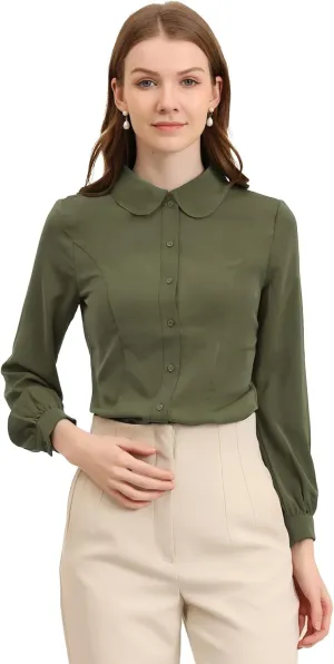 Allegra K Women's Button Up Shirt Business Casual Career Peter Pan Collar Long Bishop Sleeve Blouse