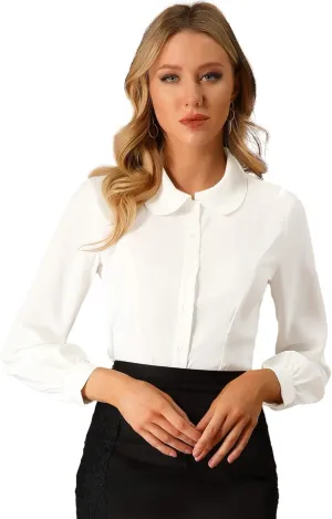 Allegra K Women's Button Up Shirt Business Casual Career Peter Pan Collar Long Bishop Sleeve Blouse