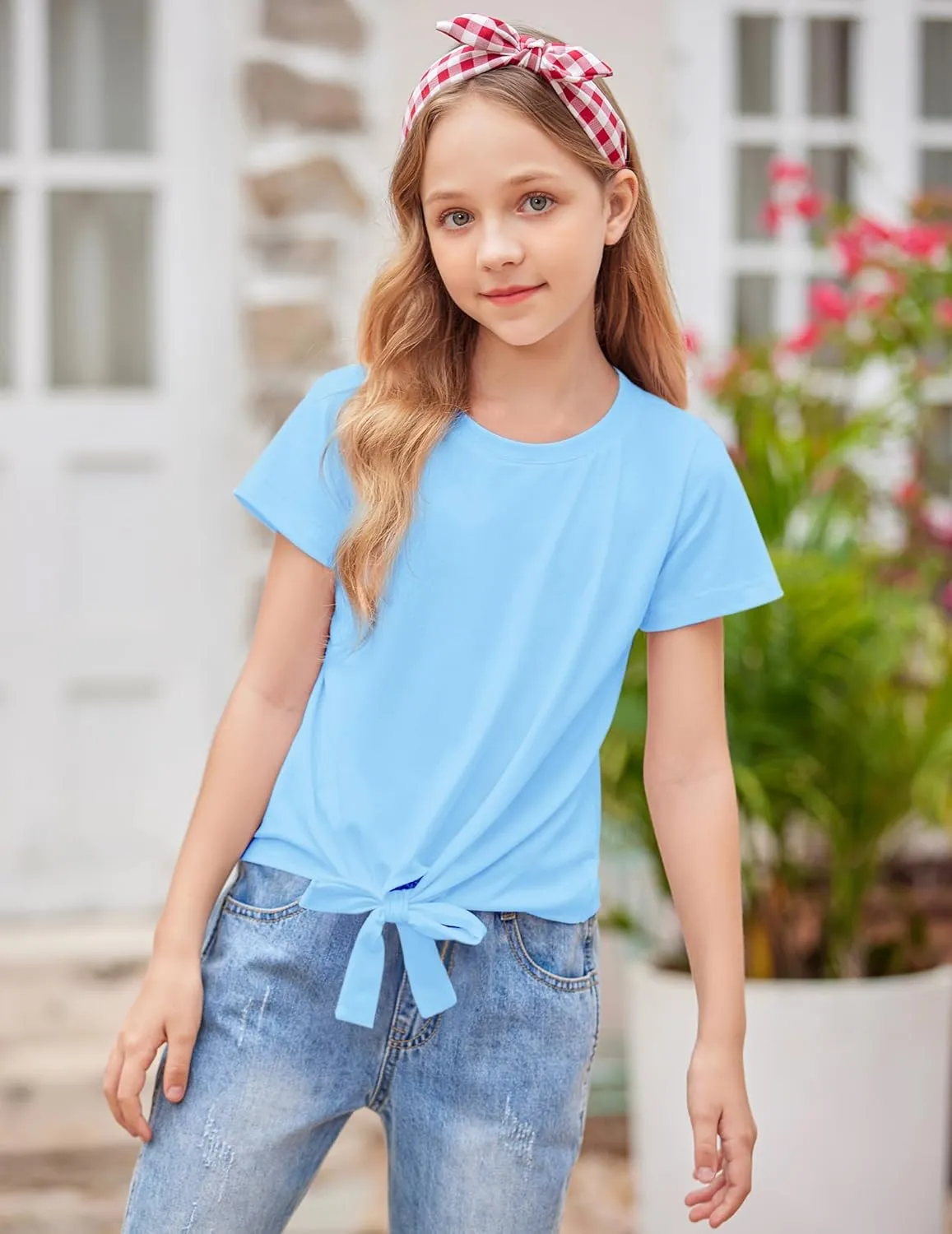 Arshiner Girls Short Sleeve Shirts Tie Knot Front Tops T Shirts for Kids Crewneck Cute Casual Tie Dye Tee Blouse