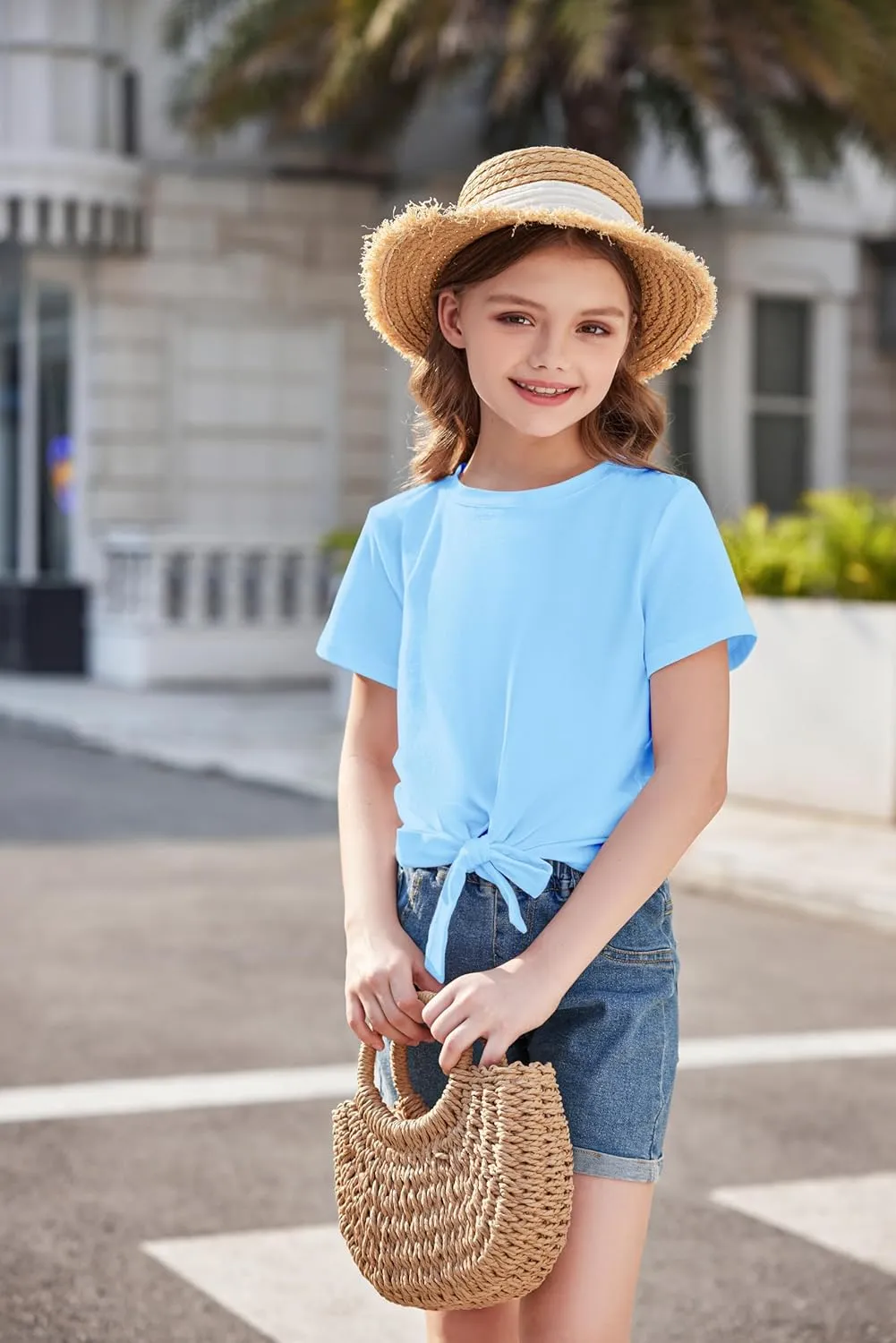 Arshiner Girls Short Sleeve Shirts Tie Knot Front Tops T Shirts for Kids Crewneck Cute Casual Tie Dye Tee Blouse