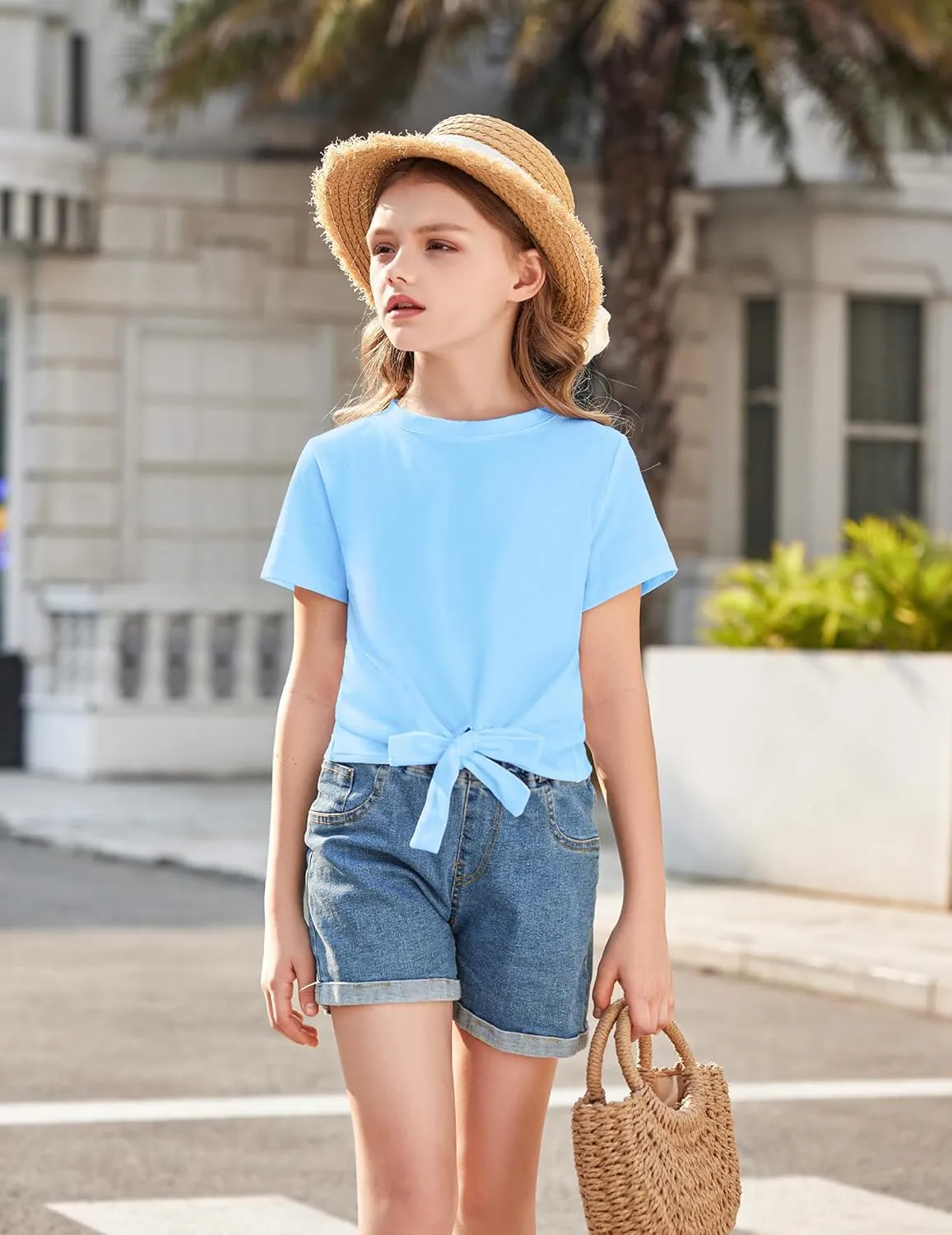 Arshiner Girls Short Sleeve Shirts Tie Knot Front Tops T Shirts for Kids Crewneck Cute Casual Tie Dye Tee Blouse