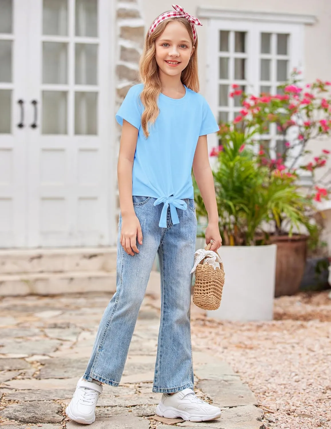 Arshiner Girls Short Sleeve Shirts Tie Knot Front Tops T Shirts for Kids Crewneck Cute Casual Tie Dye Tee Blouse