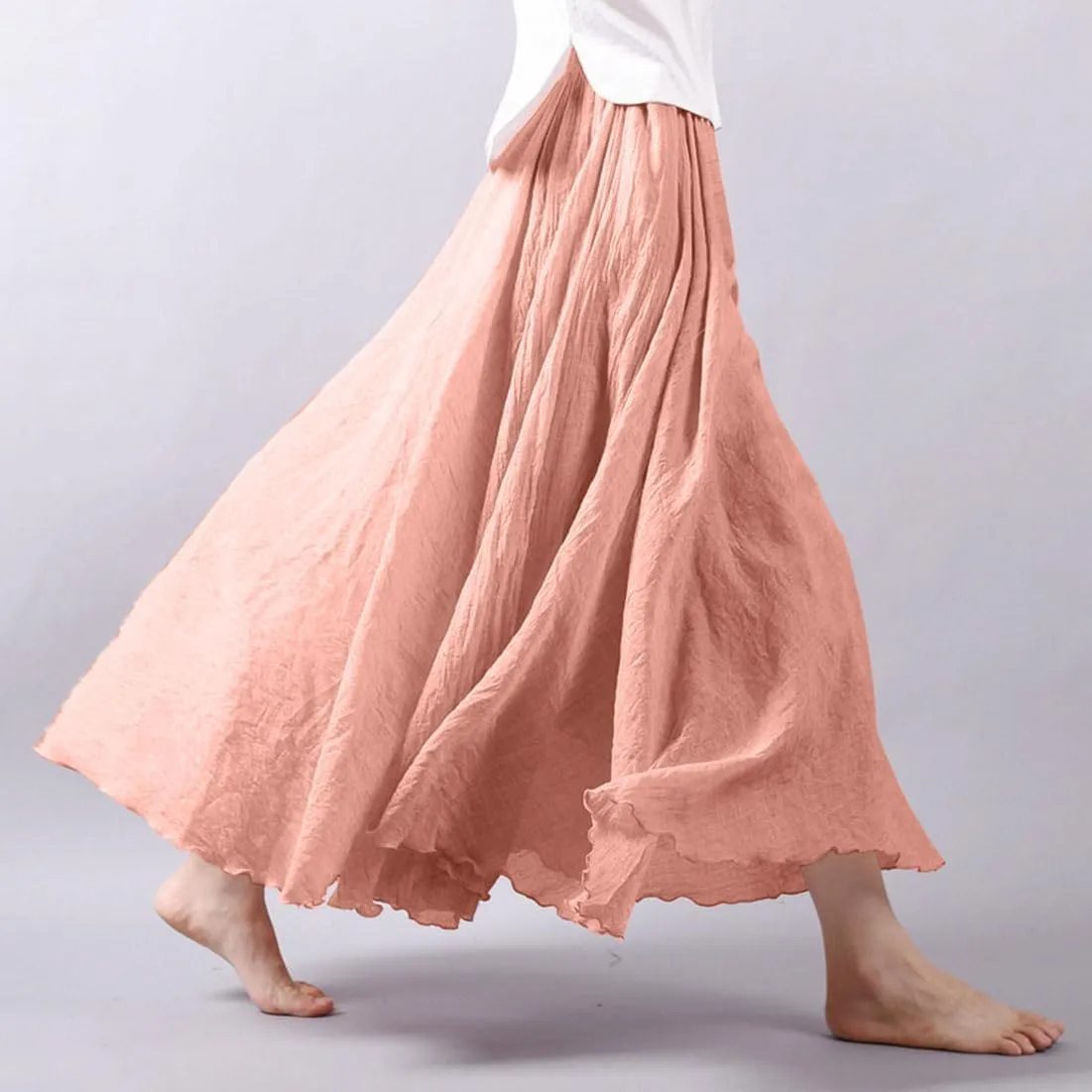 ASHER FASHION Women's Bohemian Style Elastic Waist Band Cotton Linen Long Maxi Skirt Dress