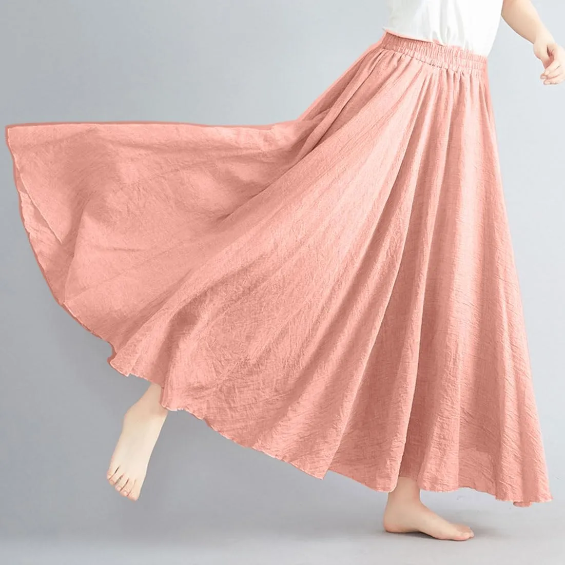 ASHER FASHION Women's Bohemian Style Elastic Waist Band Cotton Linen Long Maxi Skirt Dress