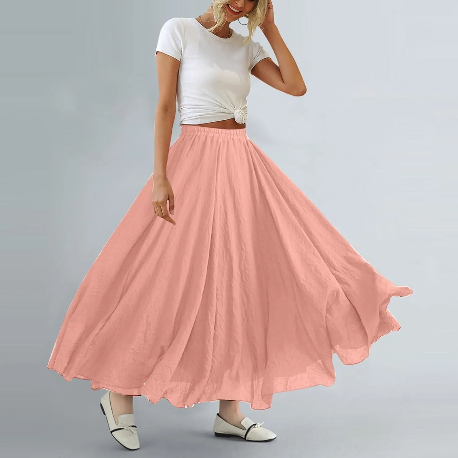 ASHER FASHION Women's Bohemian Style Elastic Waist Band Cotton Linen Long Maxi Skirt Dress
