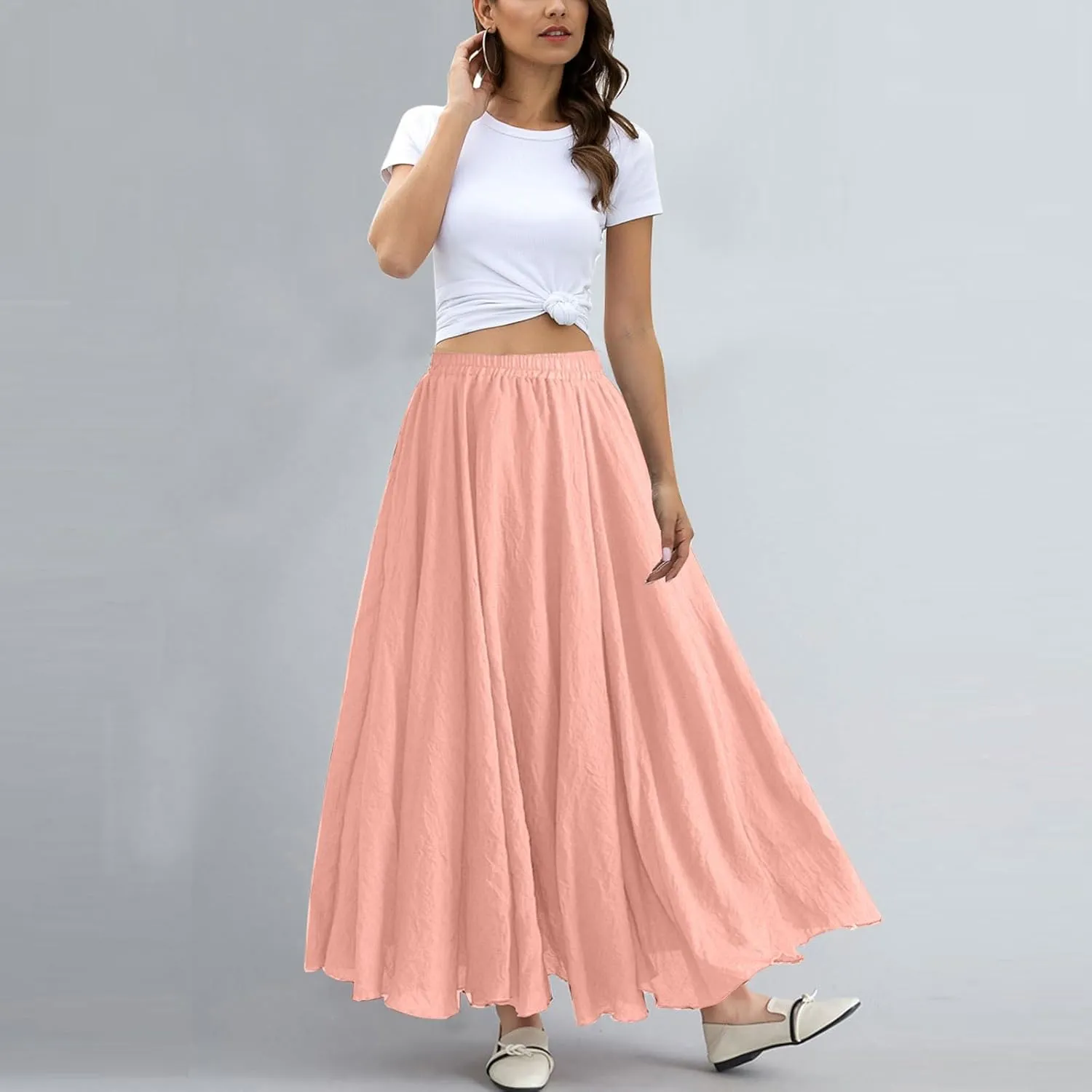 ASHER FASHION Women's Bohemian Style Elastic Waist Band Cotton Linen Long Maxi Skirt Dress