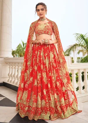 Digital Printed Carrot Red Designer Trendy Lehenga Choli