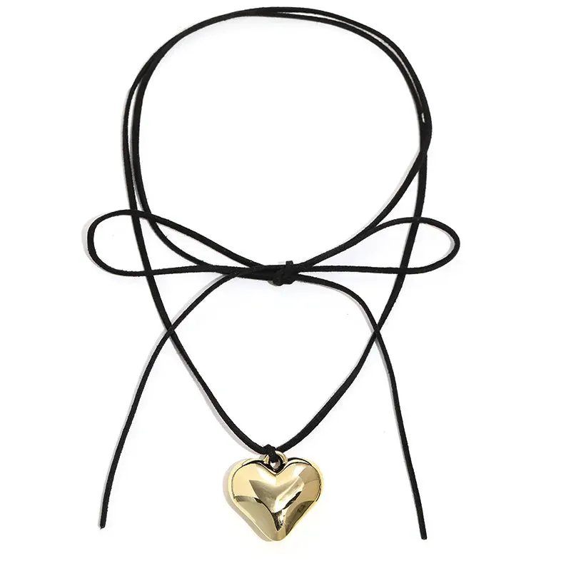 Diy Jewelry Goth Black Velvet Big Heart Pendant Choker Necklace for Women Elegant Weave Knotted Bowknot Adjustable Chain