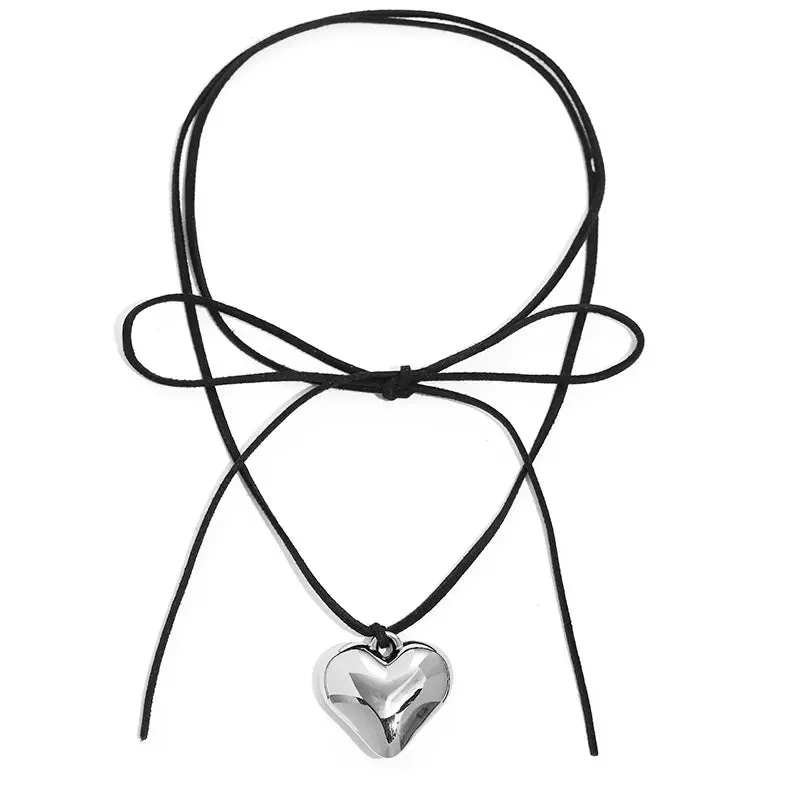 Diy Jewelry Goth Black Velvet Big Heart Pendant Choker Necklace for Women Elegant Weave Knotted Bowknot Adjustable Chain