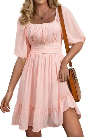 Dokotoo Womens Summer Dresses Square Neck Tie Back Lantern Sleeve Ruffle A-Line Casual Dress