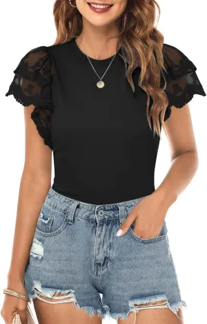 DOROSE Womens Tops Lace Ruffle Sleeve Summer Tshirts Blouse Trendy