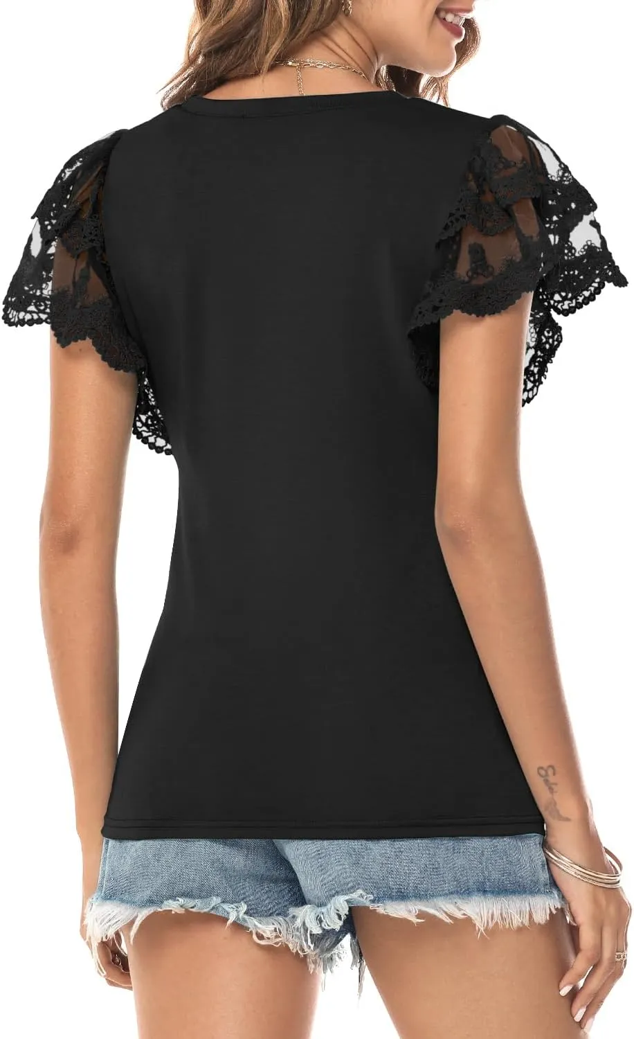 DOROSE Womens Tops Lace Ruffle Sleeve Summer Tshirts Blouse Trendy