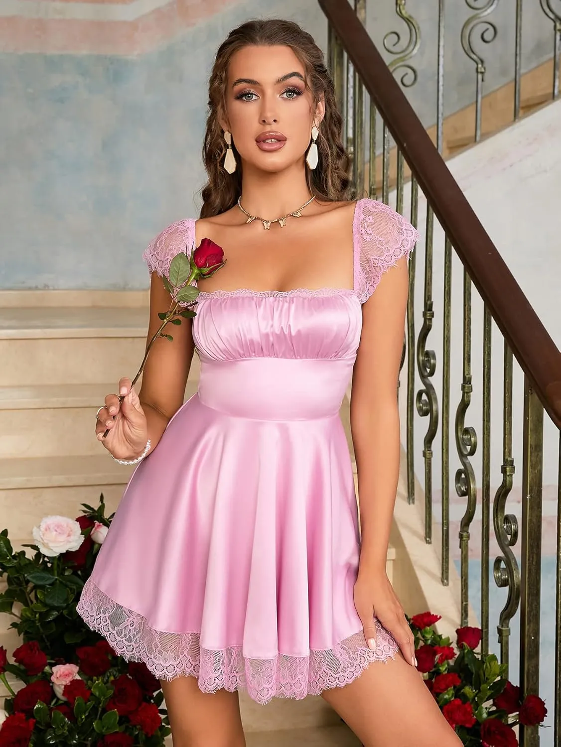 EYNMIN Women's Satin Lace Strap Mini Dress Square Neck Flowy A-Line Ruffle Swing Casual Short Dresses