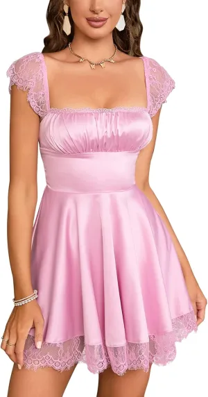 EYNMIN Women's Satin Lace Strap Mini Dress Square Neck Flowy A-Line Ruffle Swing Casual Short Dresses
