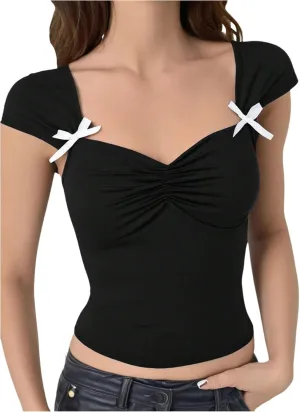 Girl's Ruched Bust Sweetheart Neck Crop Tops Bowknot Short Sleeve Slim Fit Tee Shirt Going Out Top