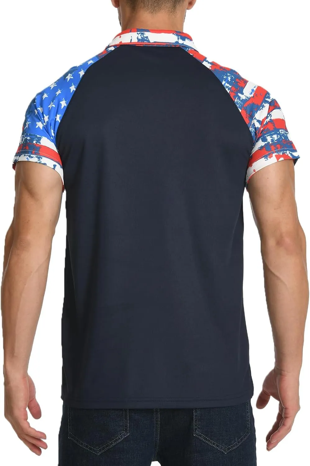 H HYFOL Short Sleeve Polo Shirts for Men Star Patchwork Graphic Stretch Casual American Patriotic Raglan Golf Polos for Men