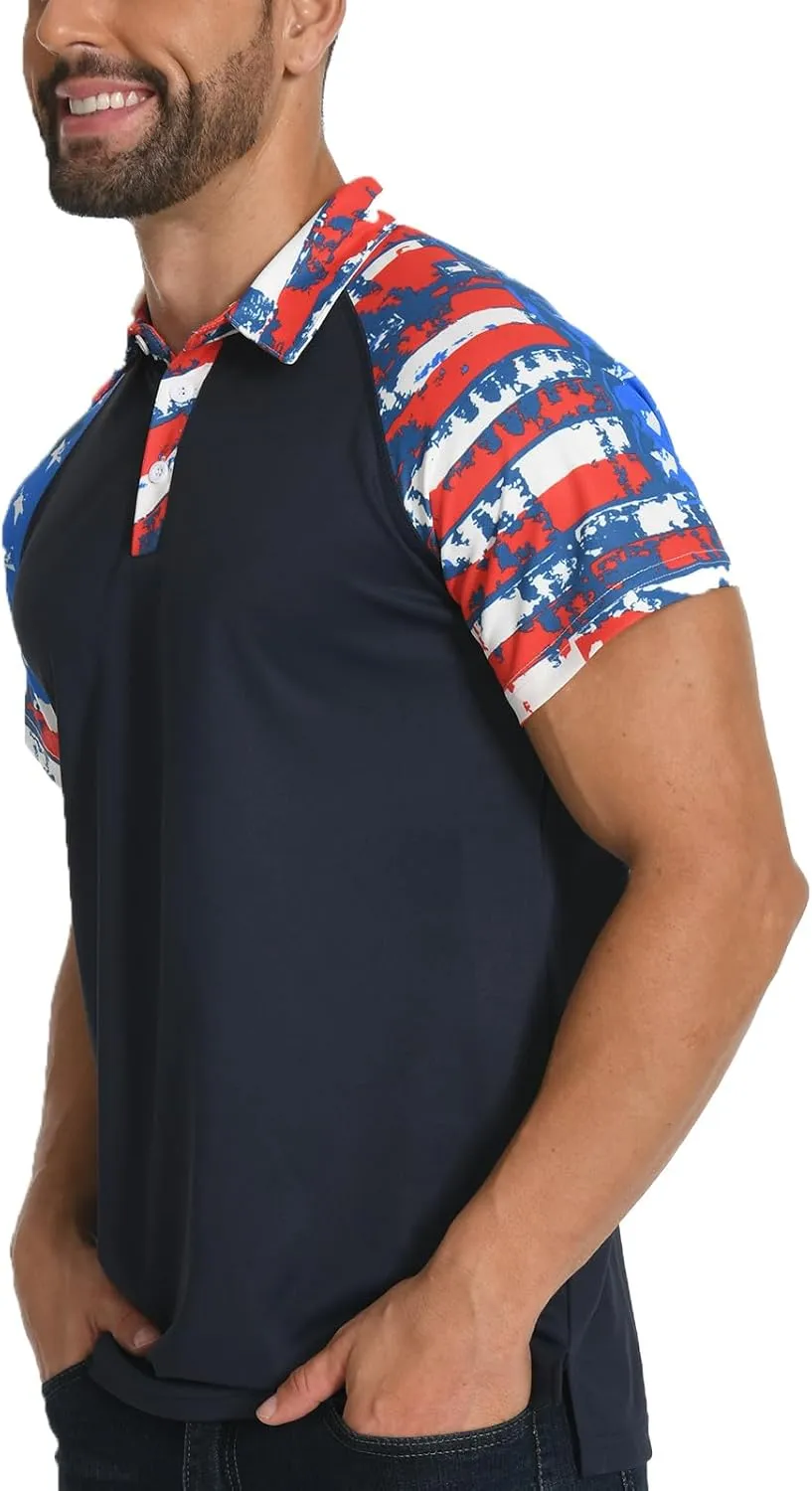 H HYFOL Short Sleeve Polo Shirts for Men Star Patchwork Graphic Stretch Casual American Patriotic Raglan Golf Polos for Men
