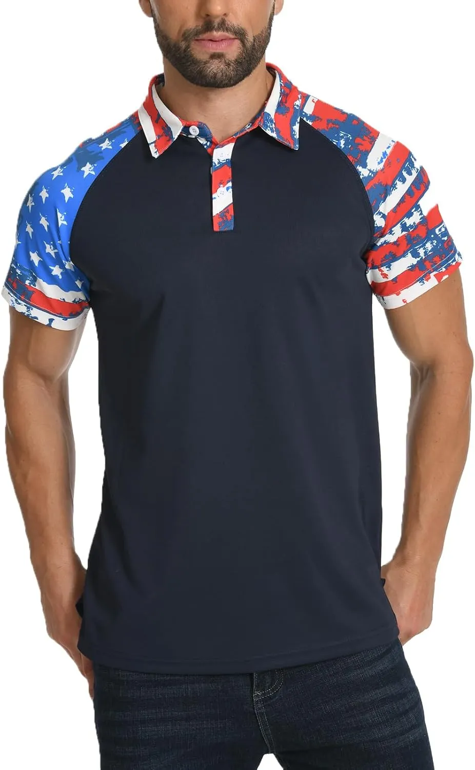 H HYFOL Short Sleeve Polo Shirts for Men Star Patchwork Graphic Stretch Casual American Patriotic Raglan Golf Polos for Men