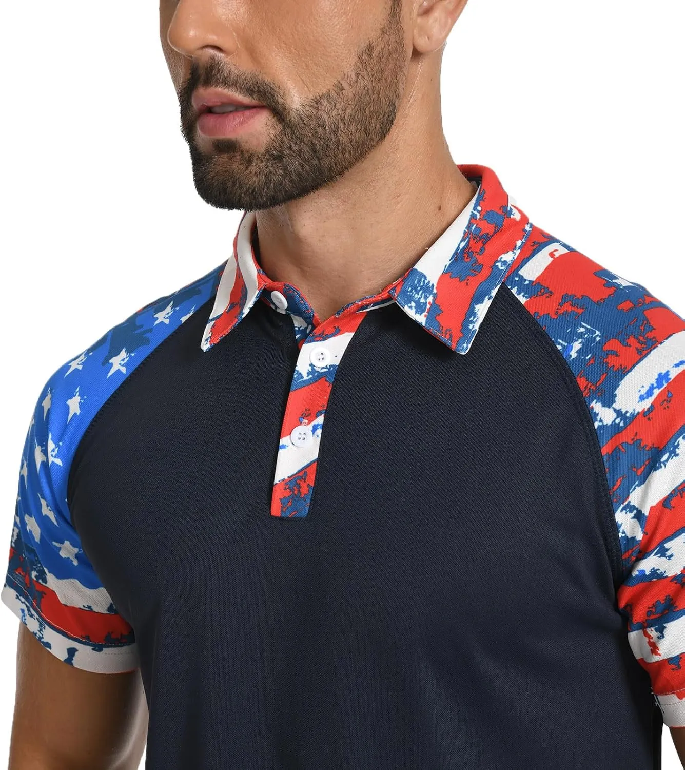 H HYFOL Short Sleeve Polo Shirts for Men Star Patchwork Graphic Stretch Casual American Patriotic Raglan Golf Polos for Men