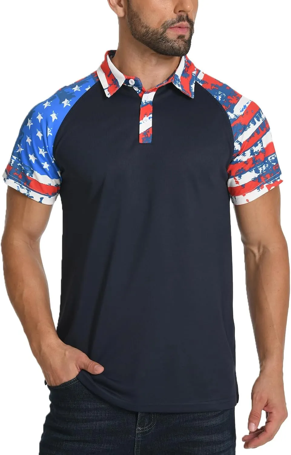 H HYFOL Short Sleeve Polo Shirts for Men Star Patchwork Graphic Stretch Casual American Patriotic Raglan Golf Polos for Men