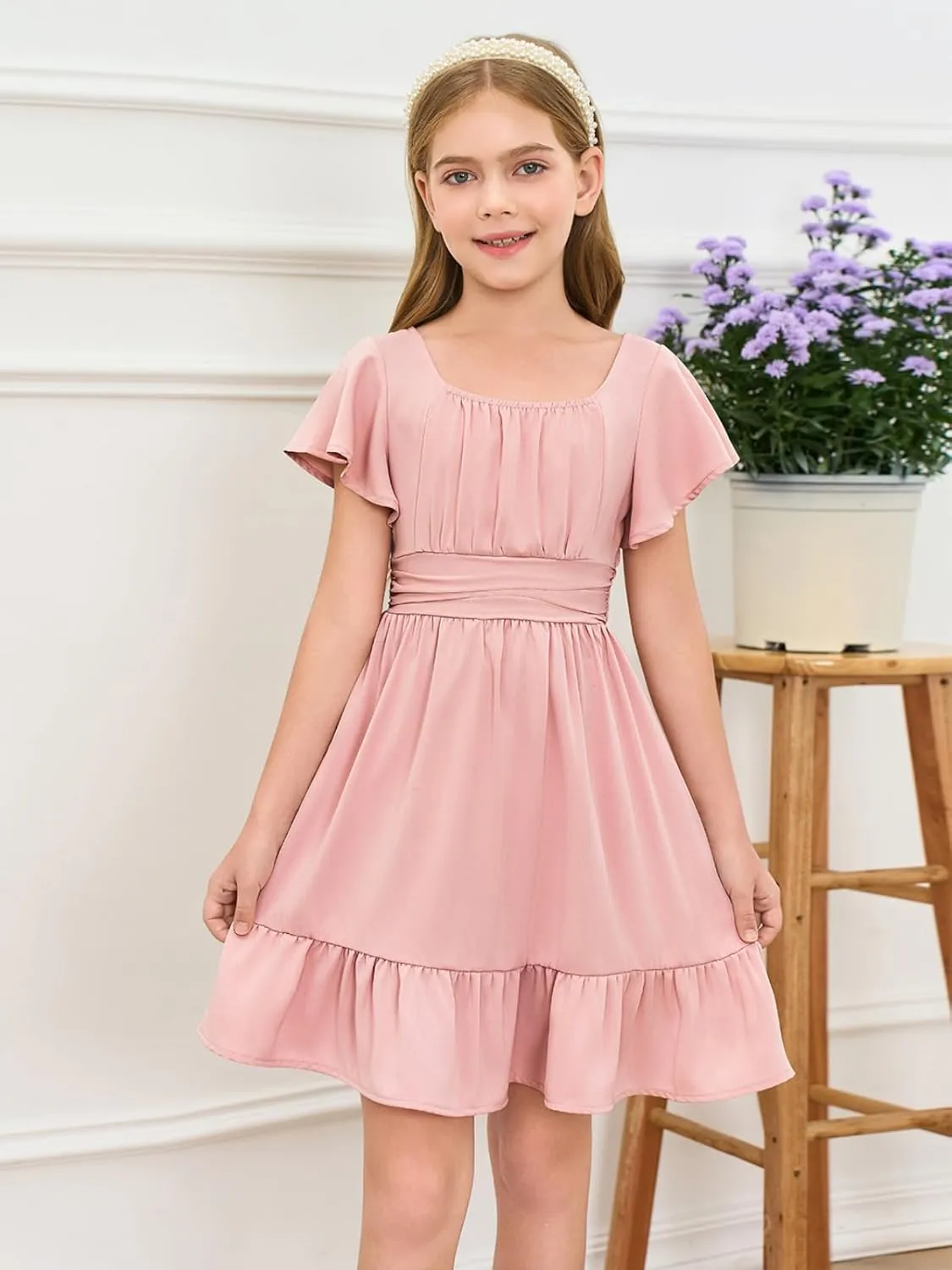 Haloumoning Girls Ruffle Short Sleeve Tie Back Dress Kids Summer Off Shoulder A-line Dresses 5-14 Years