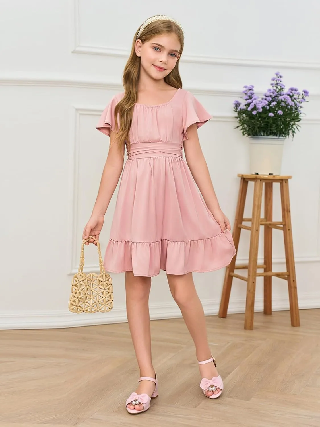 Haloumoning Girls Ruffle Short Sleeve Tie Back Dress Kids Summer Off Shoulder A-line Dresses 5-14 Years