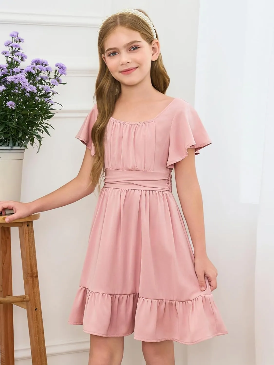 Haloumoning Girls Ruffle Short Sleeve Tie Back Dress Kids Summer Off Shoulder A-line Dresses 5-14 Years