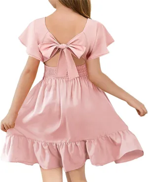 Haloumoning Girls Ruffle Short Sleeve Tie Back Dress Kids Summer Off Shoulder A-line Dresses 5-14 Years