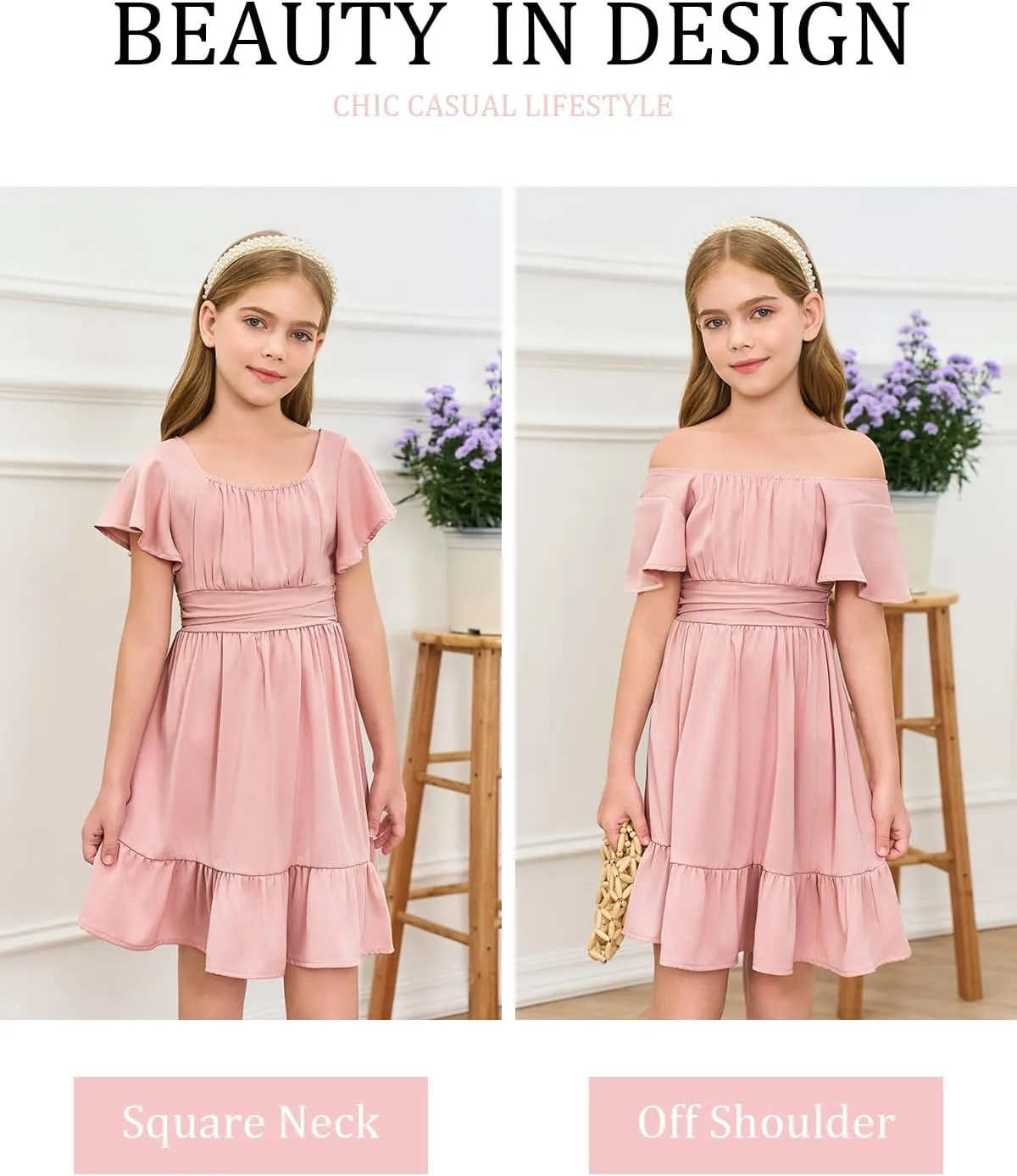 Haloumoning Girls Ruffle Short Sleeve Tie Back Dress Kids Summer Off Shoulder A-line Dresses 5-14 Years