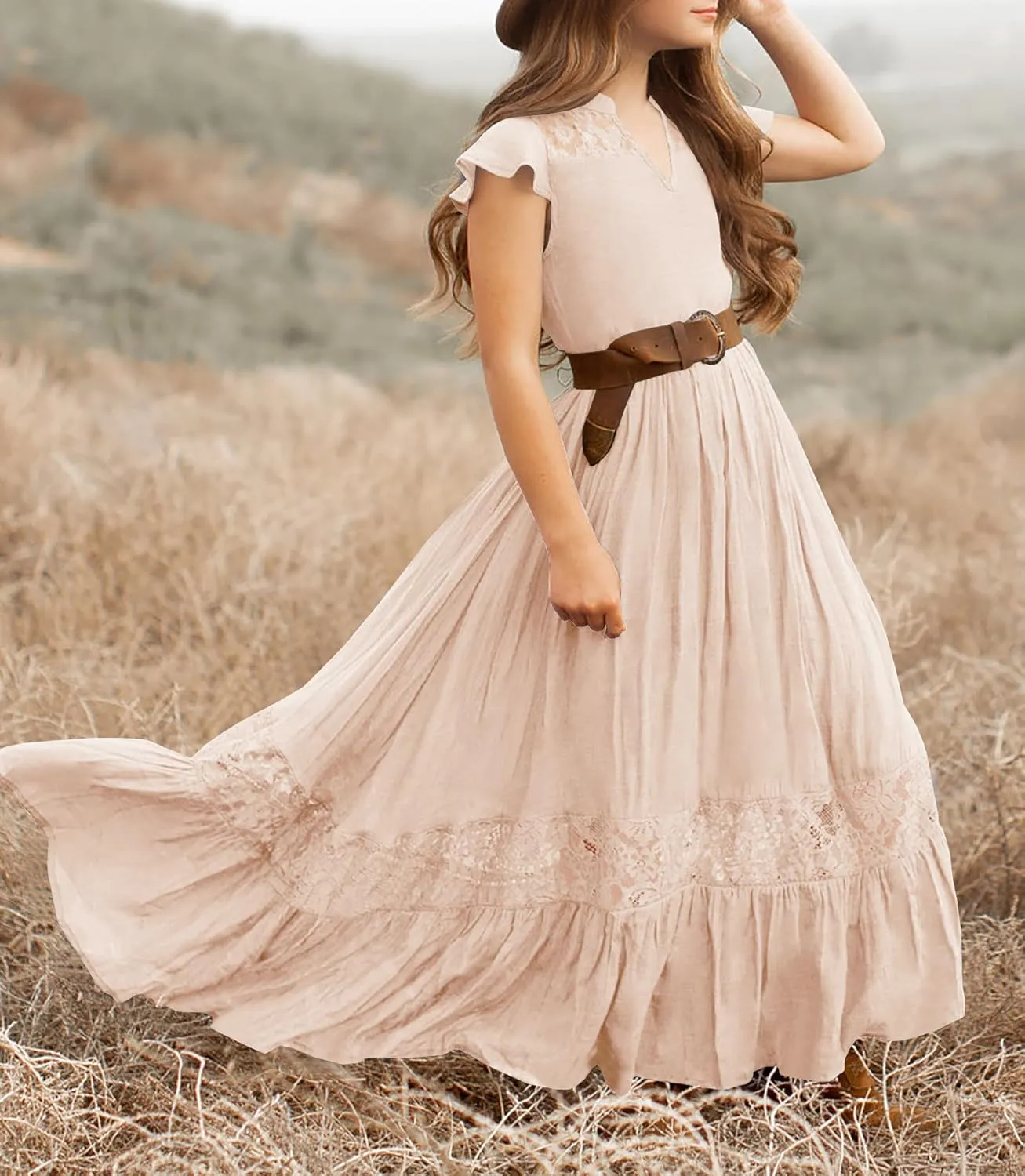 HOSIKA Girls Elegant Lace Ruffle Sleeve A-Line Formal Wedding Party Flower Girl Dress 6-12 Years