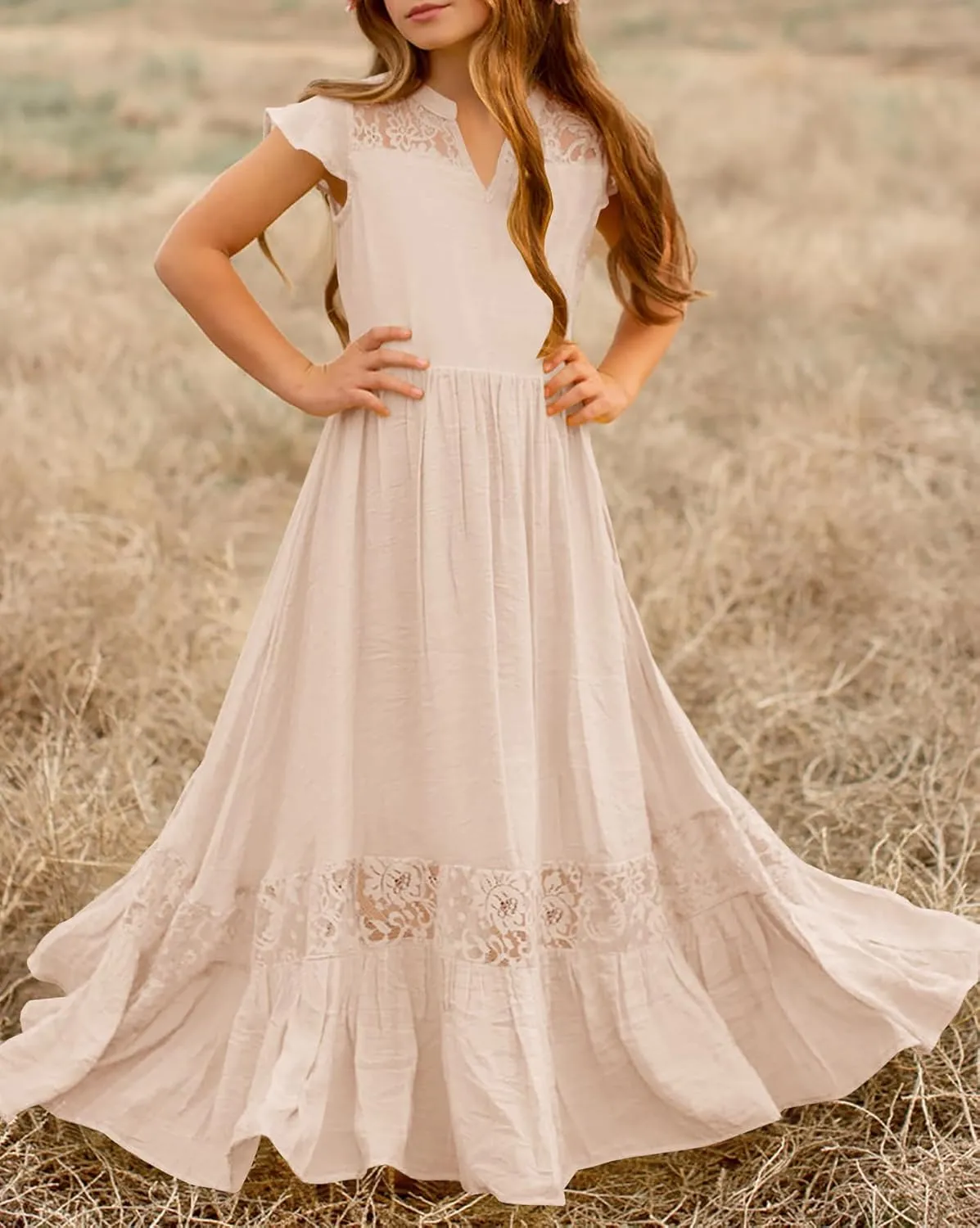 HOSIKA Girls Elegant Lace Ruffle Sleeve A-Line Formal Wedding Party Flower Girl Dress 6-12 Years