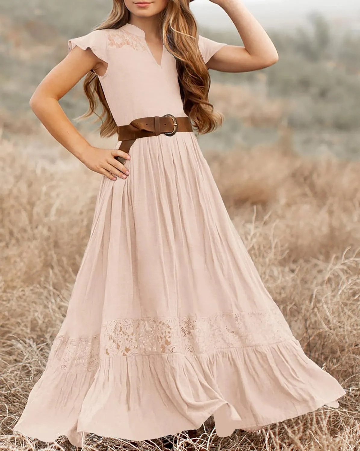 HOSIKA Girls Elegant Lace Ruffle Sleeve A-Line Formal Wedding Party Flower Girl Dress 6-12 Years